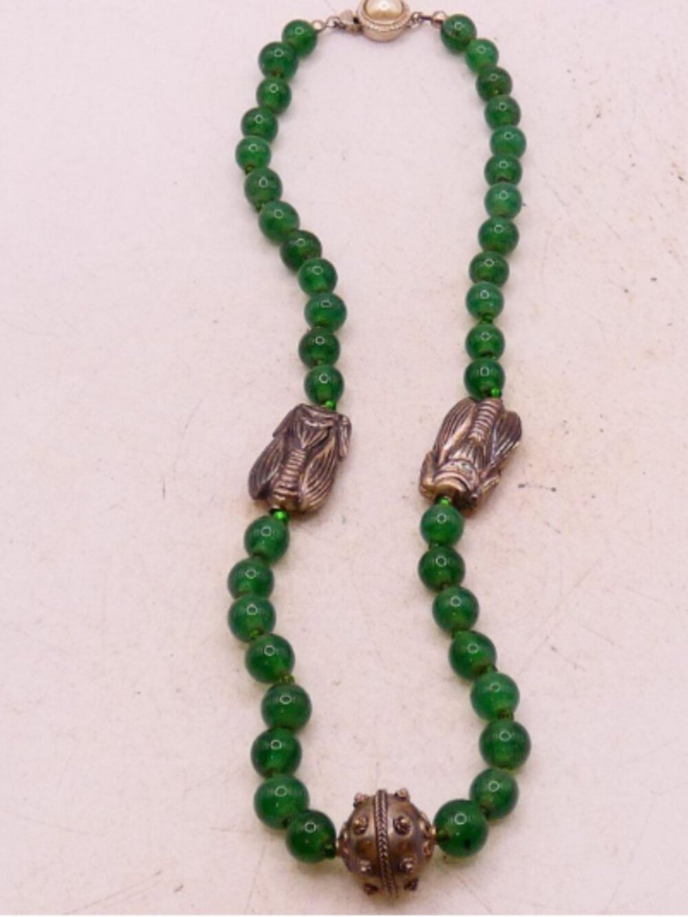 Vintage Sterling Silver Cicada Insect Green Aventurine Jade Bead 18" Necklace